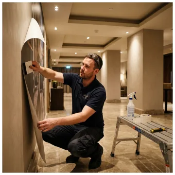 Installer applying custom wall covering in hotel lobby