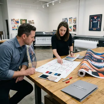 Design team reviewing event graphics and display plans