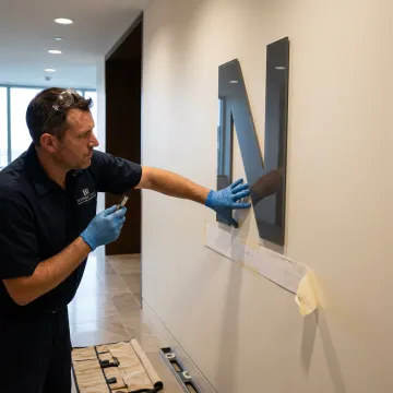 Fabricator installing dimensional letters on a branded wall