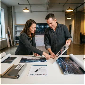 Designers reviewing sports venue branding plans