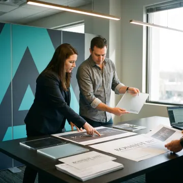 Designer reviewing lobby sign materials