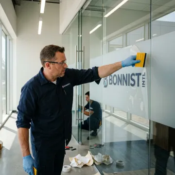 Installer applying vinyl window decals