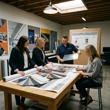 Design team reviewing environmental graphics for installation