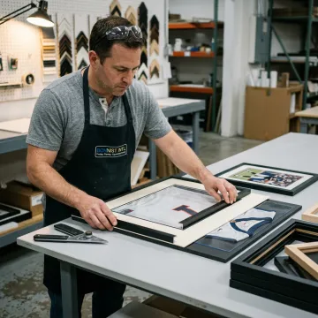 Designer preparing custom memorabilia framing