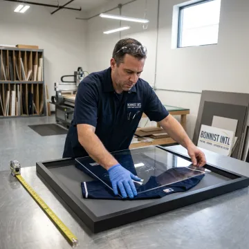 Craftsperson preparing custom sports memorabilia framing