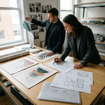 Hotel art consultants reviewing curated artwork samples