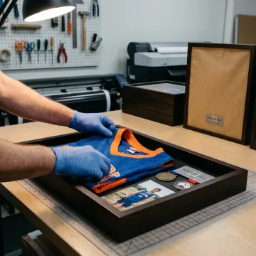 Designer arranging memorabilia inside a custom shadow box