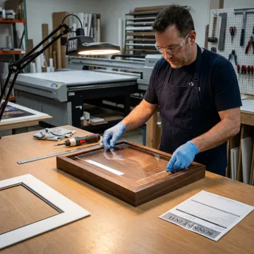 Craftsperson assembling a custom framed award