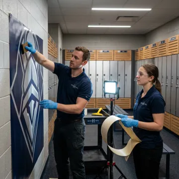 Team installing locker room wall graphics