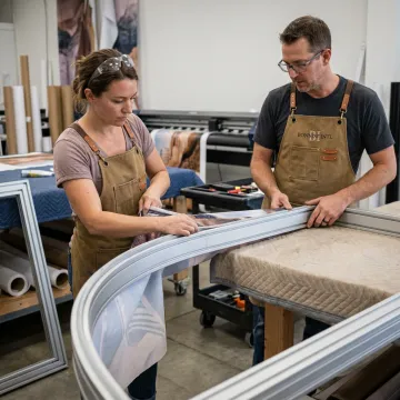 Team assembling a curved tension fabric display