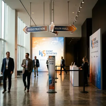 Branded event directional signage in a venue lobby