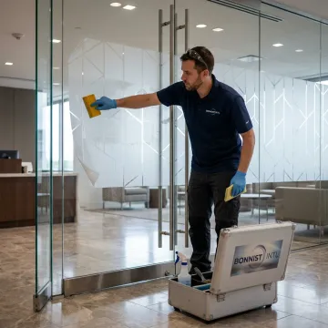 Installer applying branded decorative window film to glass