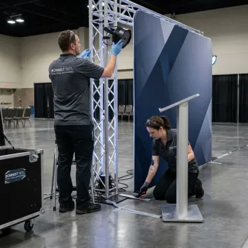 Custom printed stage backdrop at branded event