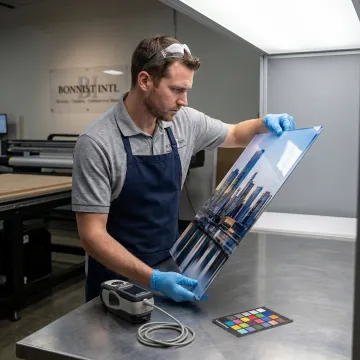 Technician reviewing custom acrylic photo print