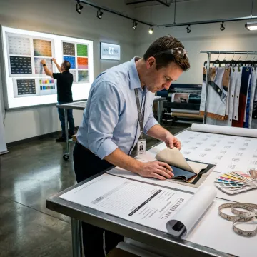 Designer reviewing step and repeat backdrop proofs