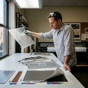 Technician reviewing translucent vinyl print samples