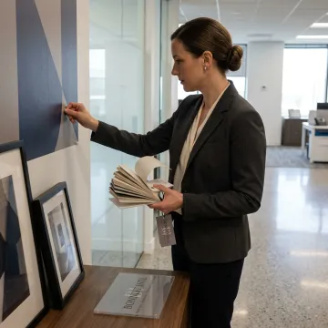 Corporate art consultant reviewing branded wall design