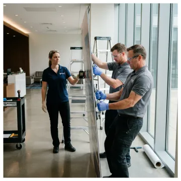 Team reviewing a custom business mural installation