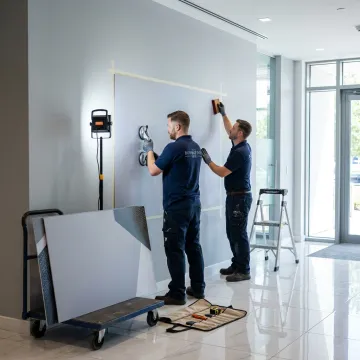 Team installing branded wall graphics in a commercial interior
