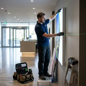 Fabricator installing illuminated wall art display
