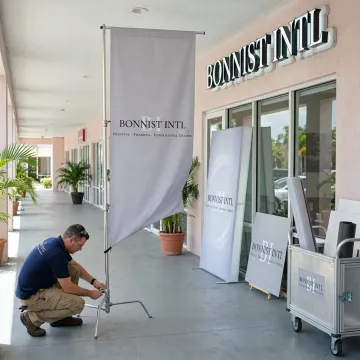 Custom banners and signs displayed in Miami business setting