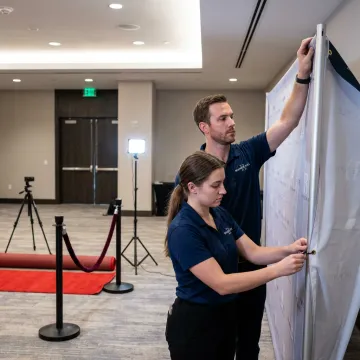Red carpet backdrop being installed for a premiere