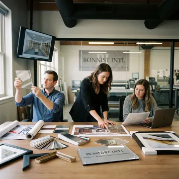 Team reviewing corporate art plans