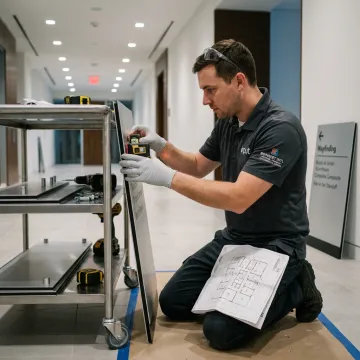 Designer installing branded directional signage in a corporate hallway