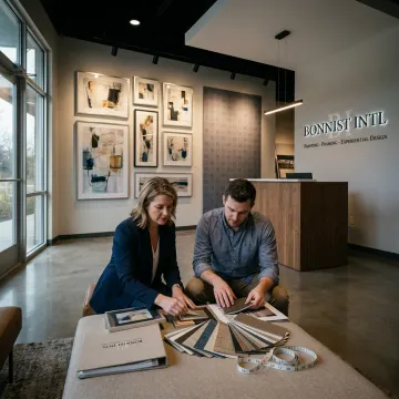 Corporate lobby with curated artwork and branded wall graphics