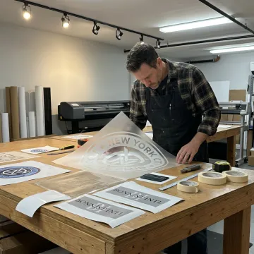 Custom clear window clings being prepared