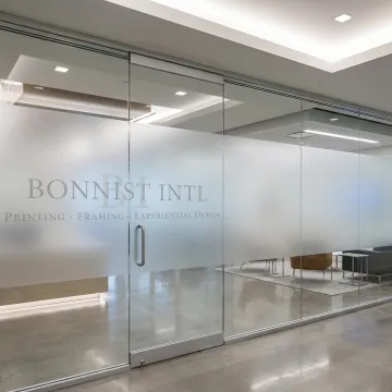 Static cling privacy film on modern glass office doors