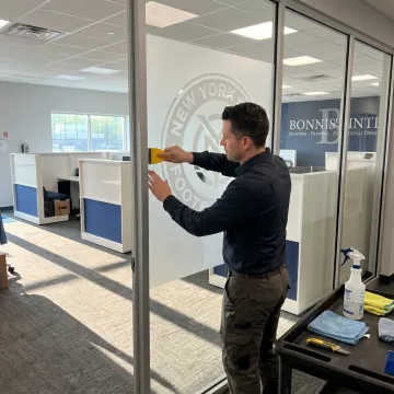 Decorative privacy film on office glass
