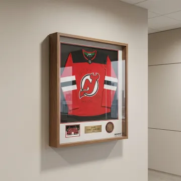 Custom framed sports jersey on a wall