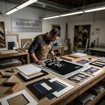 Designer preparing custom sports memorabilia display