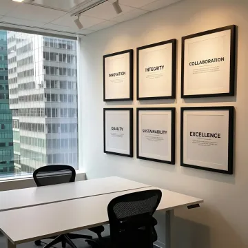 Custom framed word art displayed in a modern office