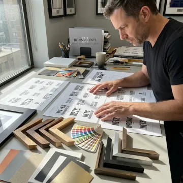 Designer reviewing framed word art layouts