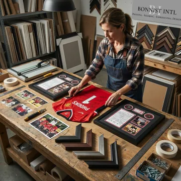 Designer arranging memorabilia for custom framing