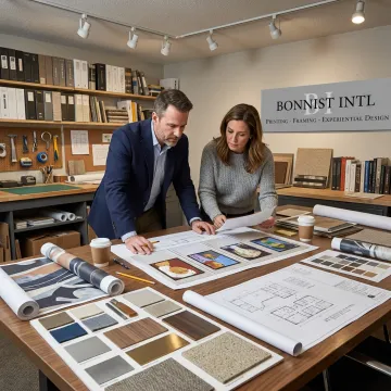 Design team reviewing custom hotel art concepts