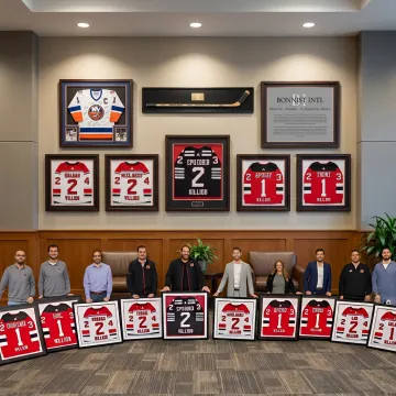 Custom framed artwork and memorabilia on display