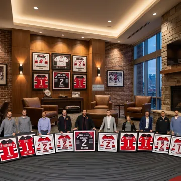 Custom framed artwork and memorabilia in a Nashville business setting
