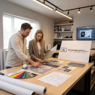 Design team reviewing environmental graphics for installation