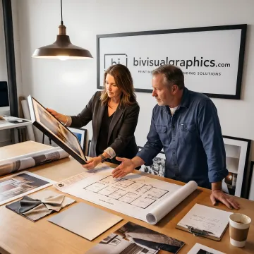 Design team reviewing custom hotel art concepts