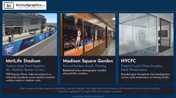 Wide format printed sports venue graphics including barrier covers and acrylic corridor panels