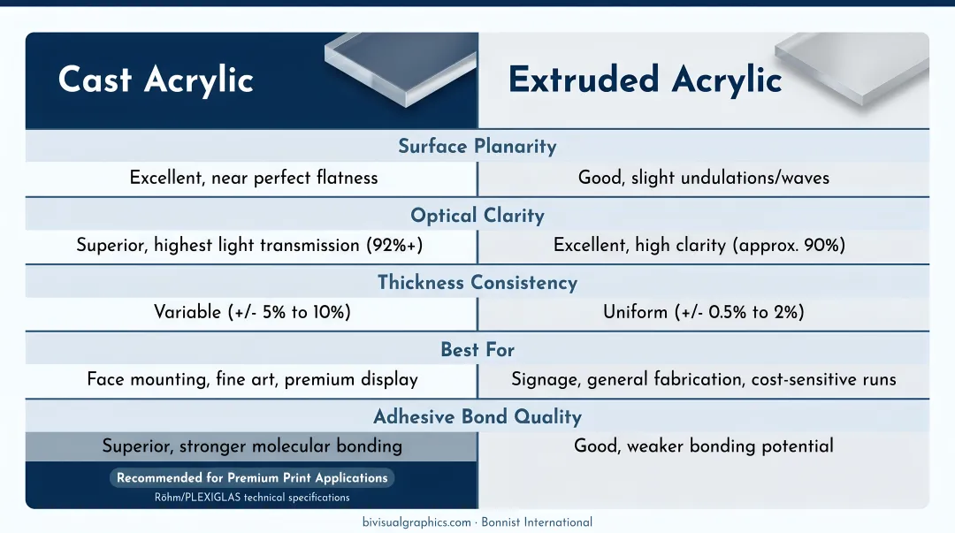 Cast acrylic versus extruded acrylic side-by-side property comparison infographic