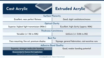 Cast acrylic versus extruded acrylic side-by-side property comparison infographic