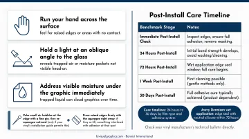 Post-install vinyl decal care timeline showing cleaning restrictions by time period