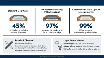UV glazing protection comparison standard glass versus conservation grade acrylic chart