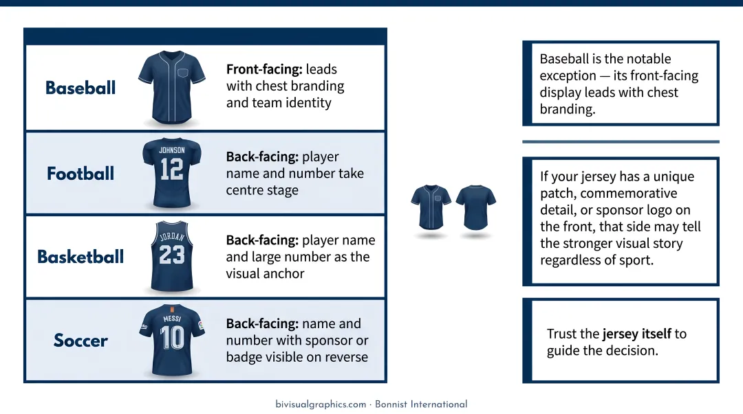 Five sport jersey display orientation comparison chart baseball football basketball soccer hockey