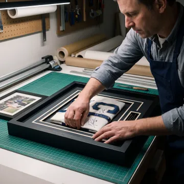 Designer arranging double-matted autograph frame