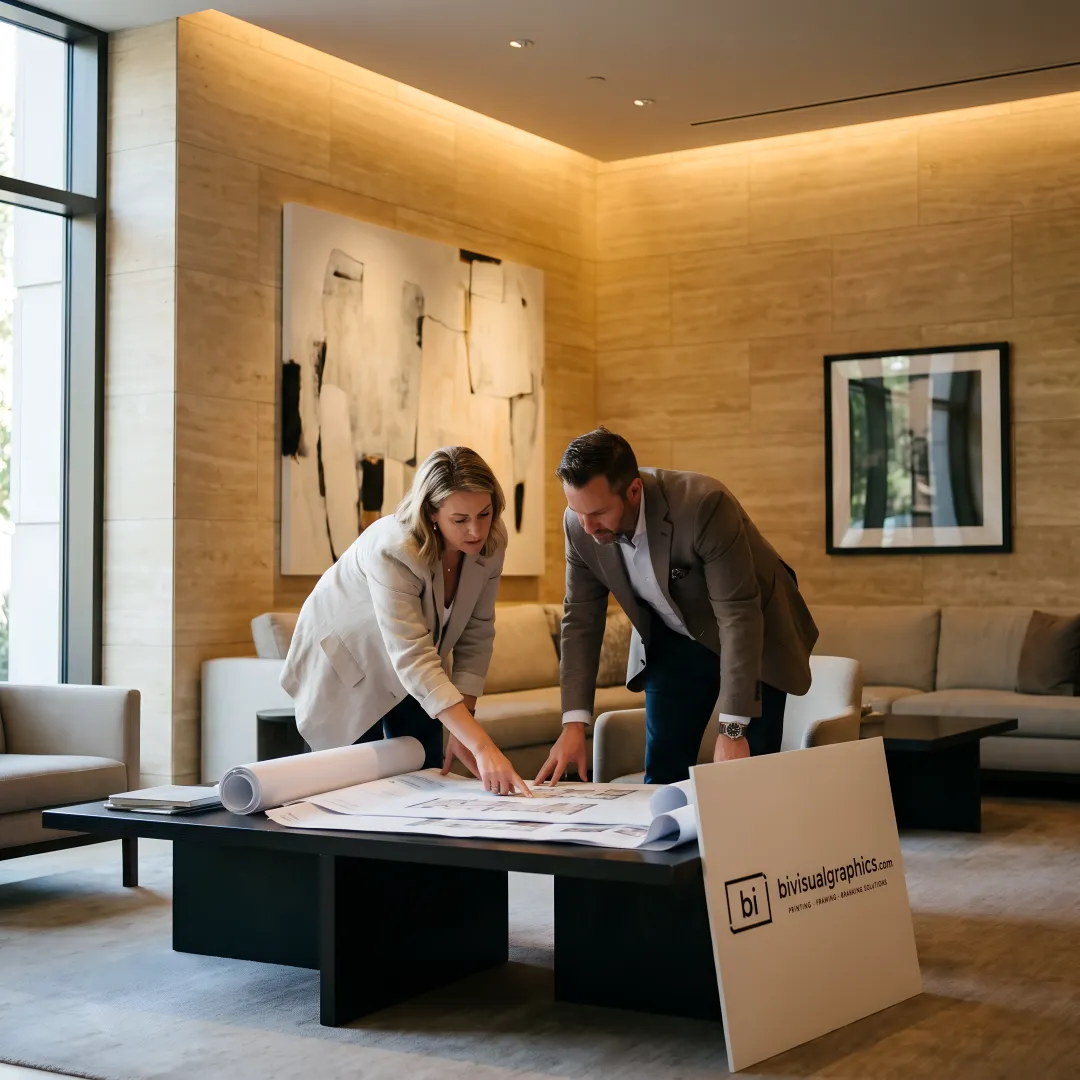 Curated hotel lobby artwork and branded hospitality décor